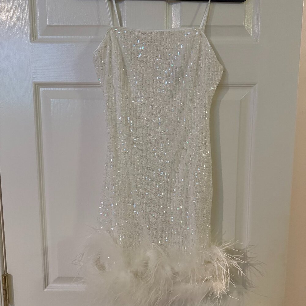 White Sequin Feather Mini Dress – Size Medium